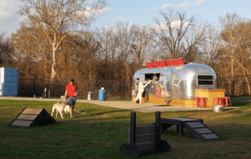 A shiny silver food truck in a park, with a person and a dog near it, surrounded by trees and grassy areas.