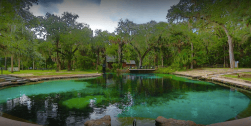 A serene natural spring surrounded by lush greenery and trees, with clear blue water reflecting the sky.