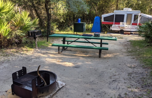 A campsite with a picnic table, fire pit, grill, and a camper in a wooded area.