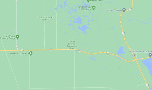 Map showing the Ocala National Forest area, highlighting Juniper Springs Recreation Area and nearby roads.