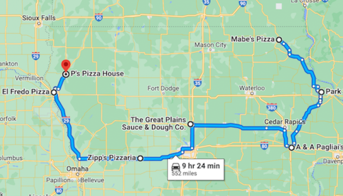 Map showing a route for a pizza tour in the Midwest, highlighting various pizza places and total travel time.