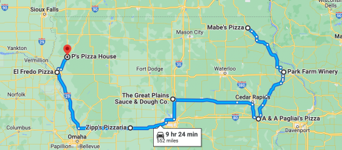 Map showing a pizza road trip route from Omaha to P's Pizza House, covering 552 miles in 9 hours and 24 minutes.