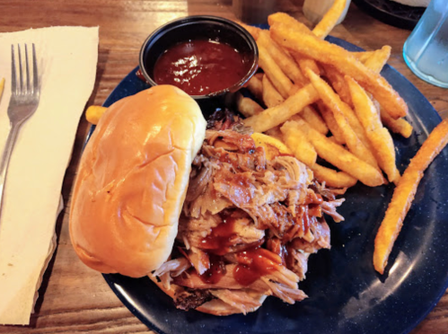 A plate with a pulled pork sandwich, barbecue sauce, and a side of golden French fries.