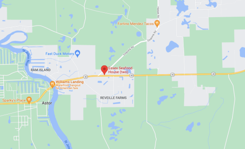 Map showing the location of Essex Seafood House near Reville Farms, with nearby landmarks and roads.