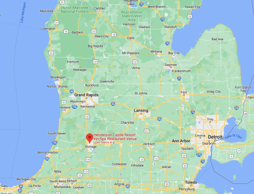 Map of Michigan highlighting the location of Henderson Castle Resort and Spa near Portage.
