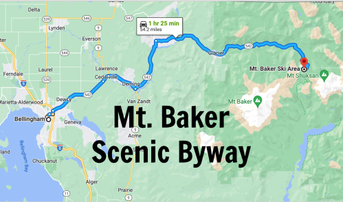 Map showing the route for Mt. Baker Scenic Byway, highlighting a 54.2-mile drive from Bellingham to Mt. Baker Ski Area.