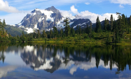 A serene mountain landscape with snow-capped peaks reflecting in a calm lake, surrounded by lush green trees.
