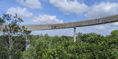 A curved concrete bridge stretches over lush green trees under a partly cloudy sky.