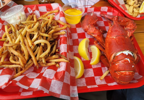 A tray with a whole lobster, lemon wedges, fries, and a small cup of dipping sauce on a red checkered paper.