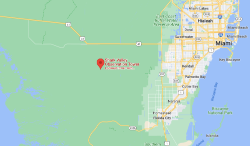 Map showing the location of Shark Valley Observation Tower near Miami, Florida, with surrounding areas highlighted.