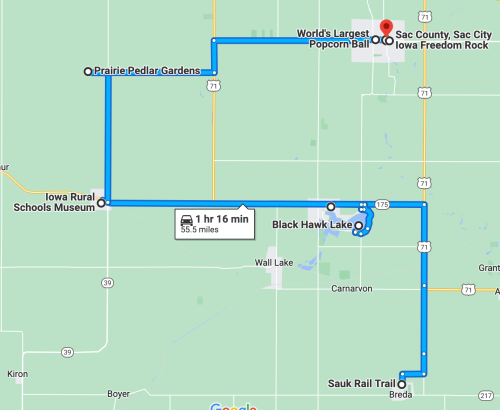 Map showing a route of 55.5 miles connecting various attractions in Sac County, Iowa, including the World's Largest Popcorn Ball.