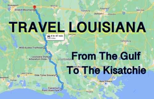 Map of Louisiana highlighting a route from the Gulf to Kisatchie, with travel time and distance noted.