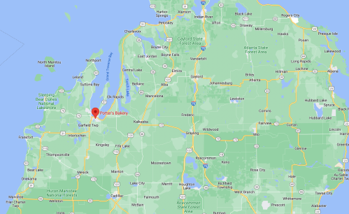 Map showing the location of Potter's Bakery in Michigan's Upper Peninsula, near Lake Michigan.