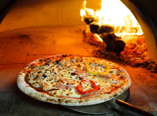 A freshly baked pizza with cheese and colorful toppings, placed in a wood-fired oven with flames in the background.