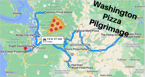 Map of a pizza pilgrimage in Washington, highlighting various pizzerias and the route covering 810 miles.