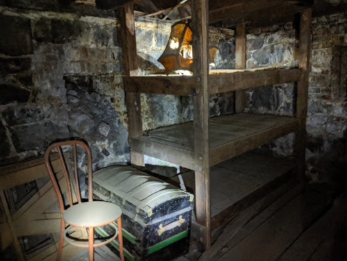A dimly lit basement with wooden shelves, a chair, and a trunk, surrounded by stone walls.
