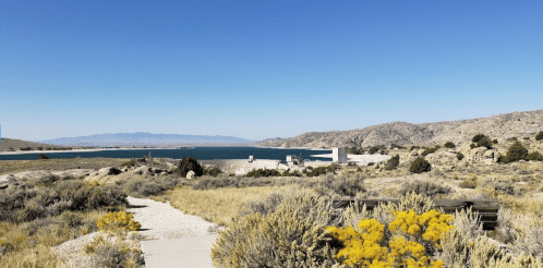 Scenic view of a lake surrounded by rocky hills and shrubs under a clear blue sky.