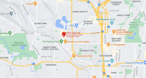 Map showing the location of West Egg Cafe in Atlanta, near various landmarks and neighborhoods.