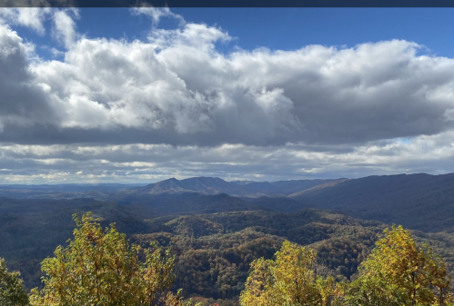 A scenic view of rolling mountains under a cloudy sky, with autumn foliage in the foreground.