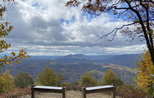 A scenic view of mountains and valleys under a cloudy sky, framed by autumn foliage and two wooden benches in the foreground.