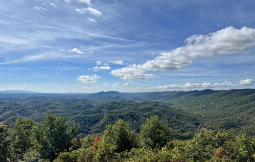 A panoramic view of lush green mountains under a blue sky with scattered clouds.