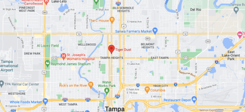 Map of Tampa, Florida, highlighting the location of Tiger Dust near major roads and landmarks.