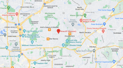 Map showing the location of Briarcliff Mansion in Atlanta, Georgia, near various landmarks and neighborhoods.