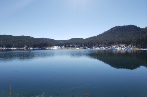 A serene lake surrounded by mountains and trees, reflecting the clear blue sky and sunlight.