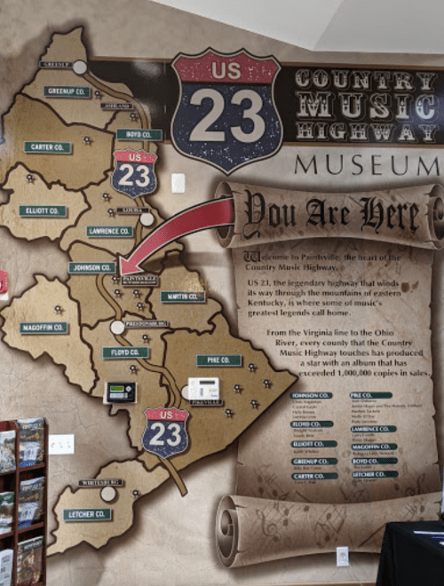 Map of US 23 highlighting the Country Music Highway, with locations and a "You Are Here" marker.