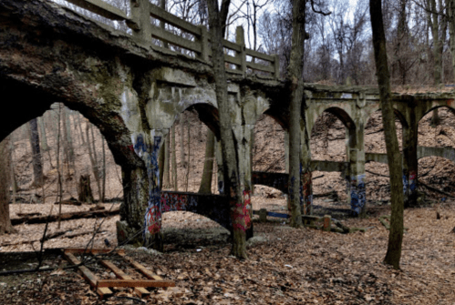 Abandoned stone bridge in a wooded area, with graffiti on the arches and fallen leaves covering the ground.