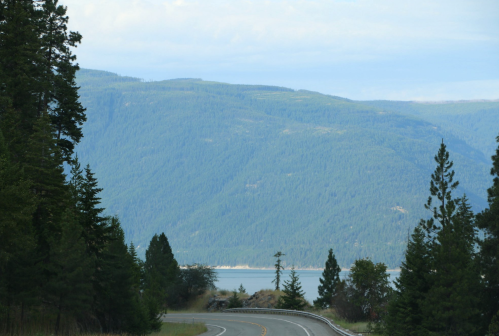 A winding road leads towards a serene lake surrounded by lush green mountains and trees under a cloudy sky.