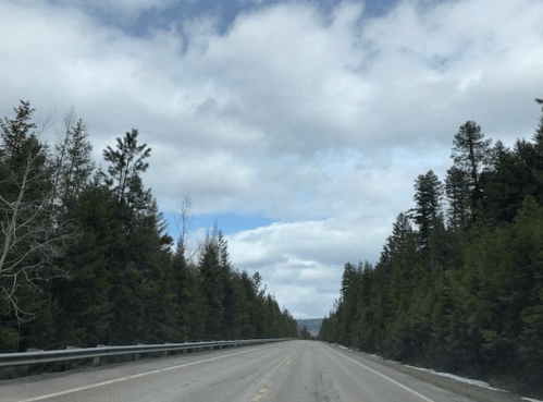 A wide, empty road stretches through a forested area under a cloudy sky.