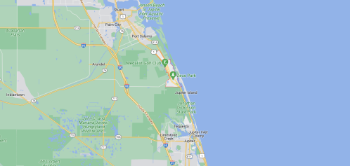 Map showing the area around Jupiter, Florida, highlighting Zeus Park and nearby landmarks.