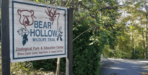 Sign for Bear Hollow Wildlife Trail, featuring a bear and deer graphic, with information about the zoological park and education center.