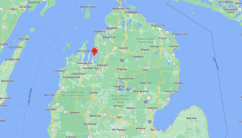 Map of Michigan highlighting the area around Charlevoix and nearby locations.