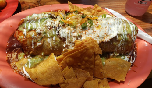A large burrito topped with sauce, cheese, and sour cream, served with tortilla chips on a pink plate.