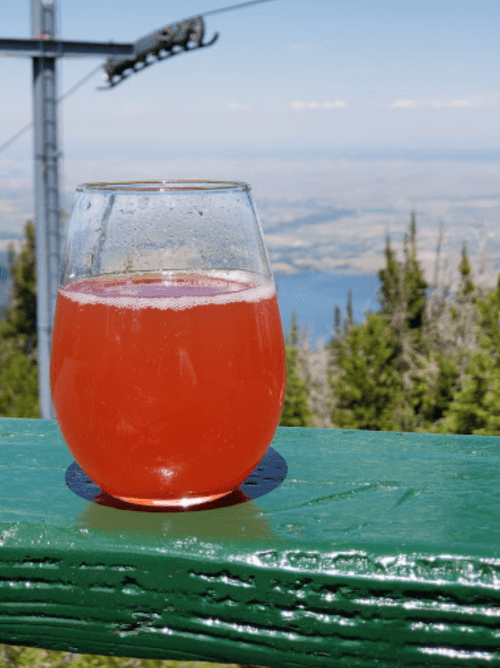A glass of pink drink sits on a green railing, with a scenic view of mountains and a lake in the background.