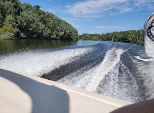 A view from a boat showing a wake on the water, surrounded by lush green trees under a blue sky.