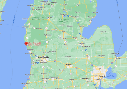Map showing the location of the White River Light Station Museum in Michigan, near the coast of Lake Michigan.