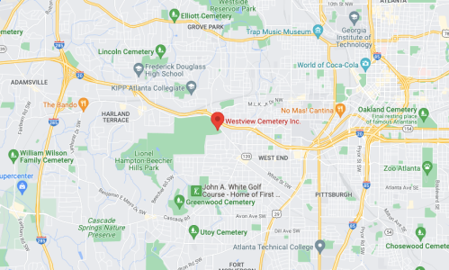 Map showing the location of Westview Cemetery in Atlanta, Georgia, with nearby landmarks and streets labeled.