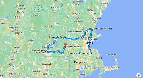 Map showing a route through various state parks in Massachusetts, including Moore State Park and Hampton Ponds State Park.