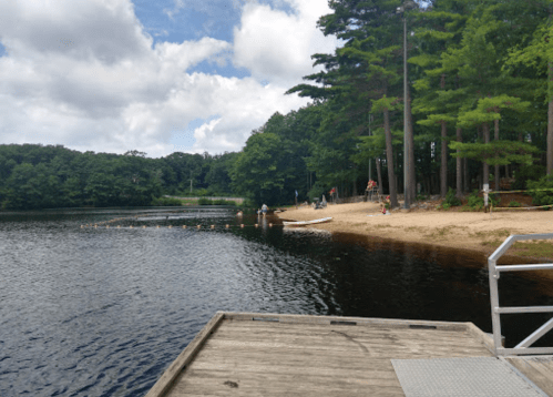 A serene lake scene with a sandy beach, surrounded by trees and people enjoying the water on a cloudy day.