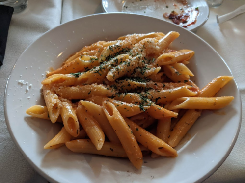 A plate of penne pasta topped with grated cheese and herbs, served on a white dish.