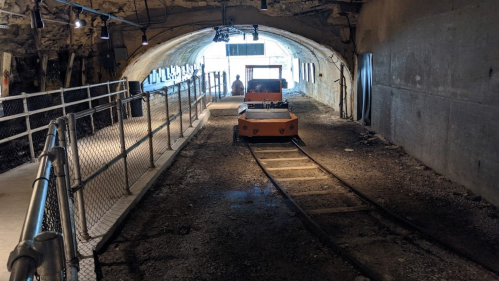 A dimly lit underground tunnel with a small train on tracks and a fenced walkway beside it. Light shines from the exit.
