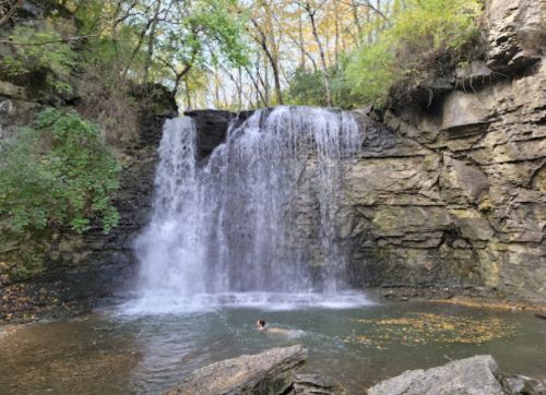 A serene waterfall cascades over rocky cliffs into a calm pool, surrounded by lush greenery and autumn foliage.