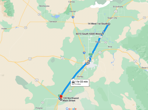 Map showing a route from 130 Northwest Main Street to 14 West 1st South, covering 60.9 miles in 1 hour 22 minutes.