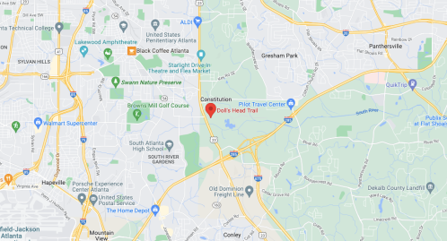 Map showing the location of Doll's Head Trail in Atlanta, Georgia, near Gresham Park and various landmarks.