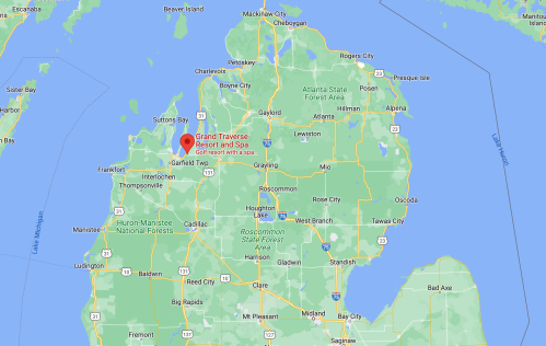 Map showing the location of Grand Traverse Resort and Spa in northern Michigan, near Traverse City.