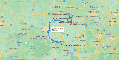 Map showing a route from 2331 East Co Road 370N to 18175 State Park Road, with a travel time of 7 hours 40 minutes.