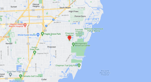 Map showing the area of Pinecrest, Florida, with nearby parks and botanical gardens marked.